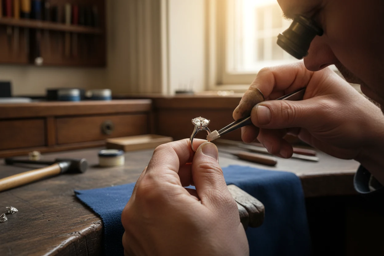 Jeweller refining an engagement ring