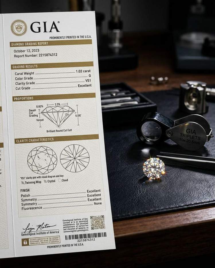 GIA certified diamond grading report alongside a loose Diagem diamond — independent quality assurance you can trust
