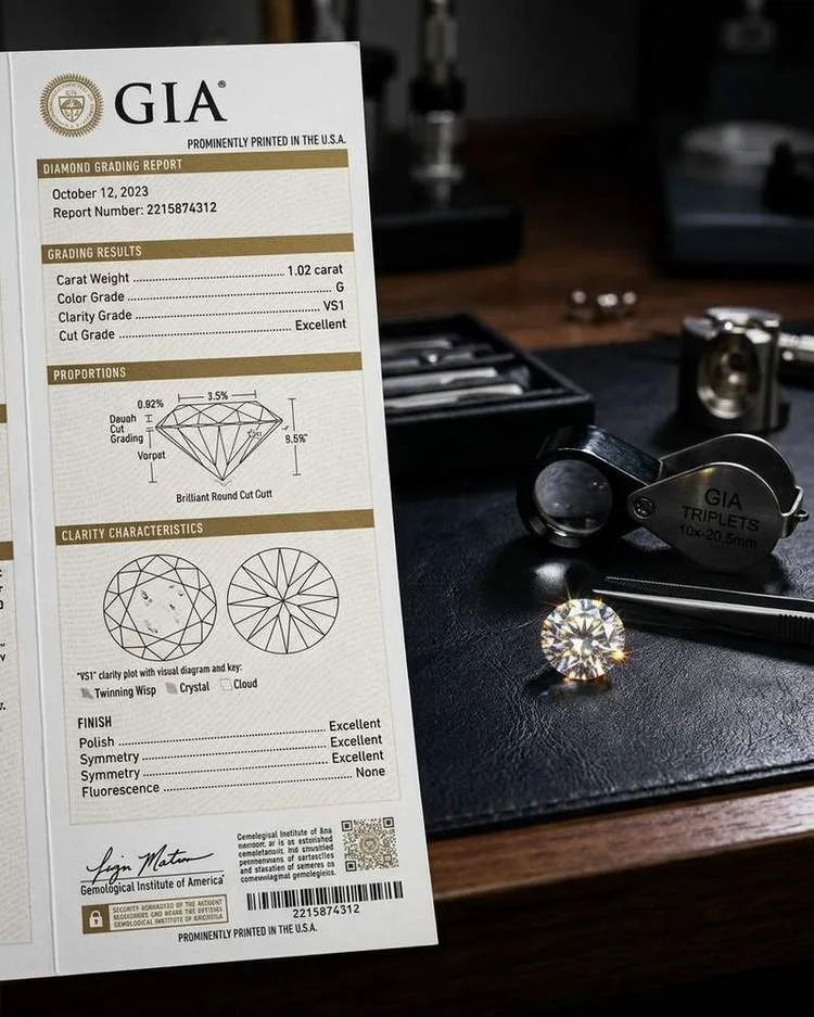 A certified diamond with its grading report