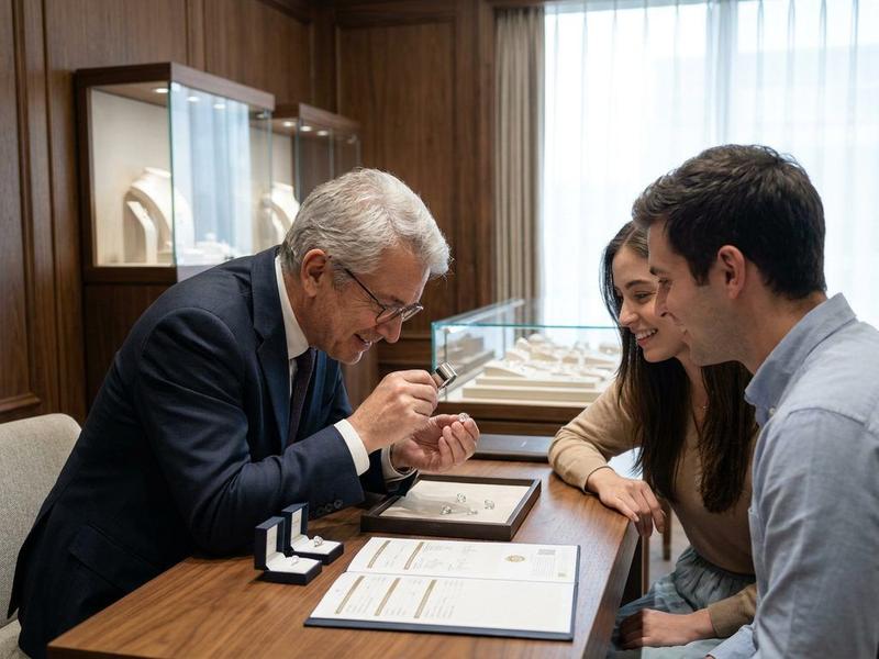 David consulting with a couple over certified diamonds