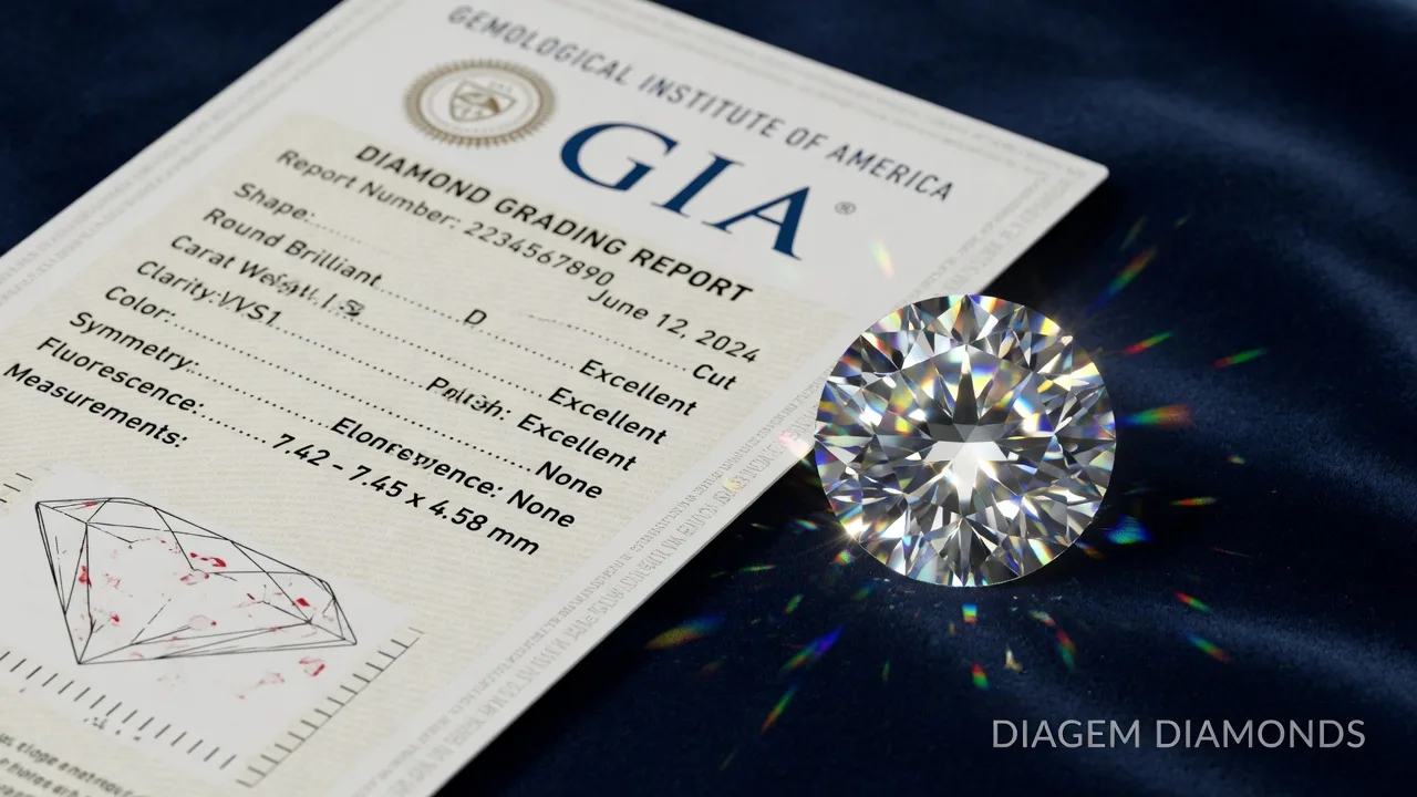 GIA diamond grading certificate with a round brilliant diamond for Diagem GIA certified diamonds