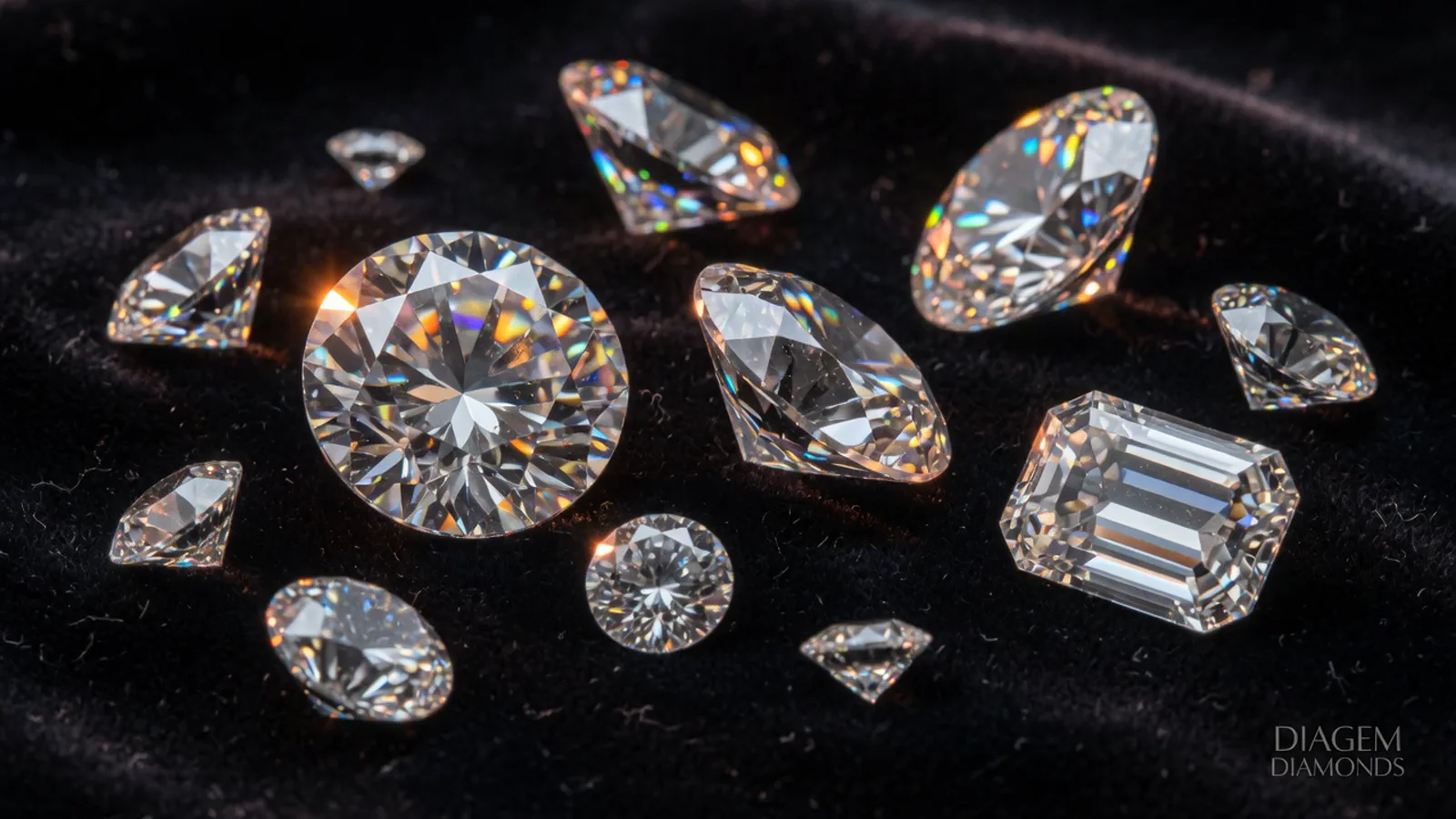 Loose natural diamonds in multiple cuts — round brilliant, oval, pear and emerald — scattered on black velvet at Diagem