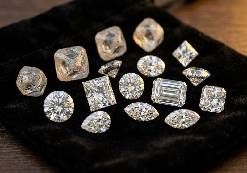 Certified loose natural diamonds arranged on a dark surface