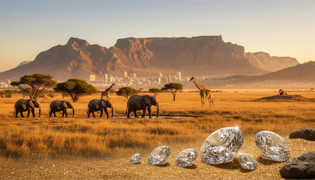 Polished diamonds in South Africa against Table Mountain and a safari with elephants and giraffes